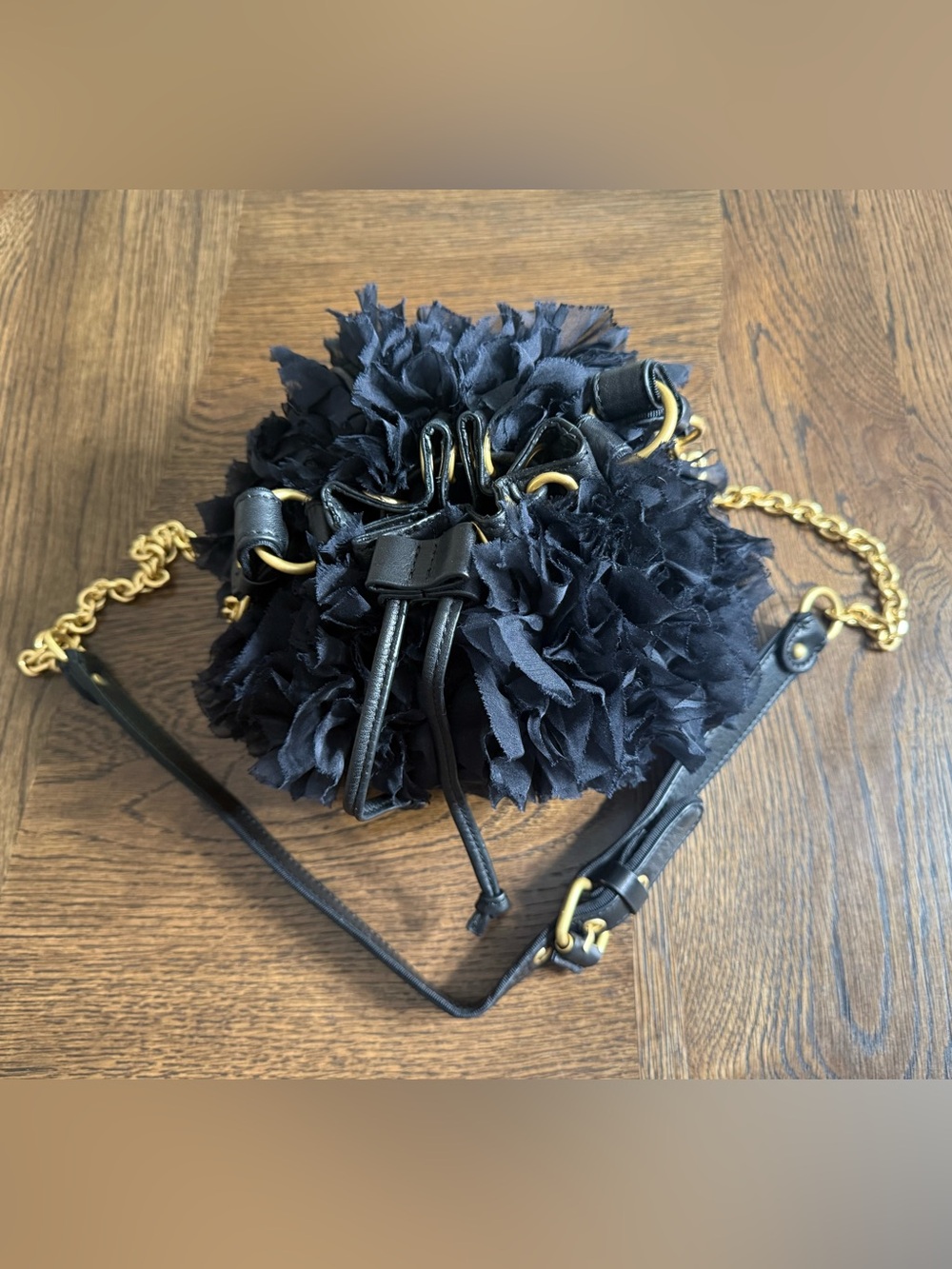 Vintage Juicy Couture Black Chiffon Purse Pouchette Crossbody Ruffle Party